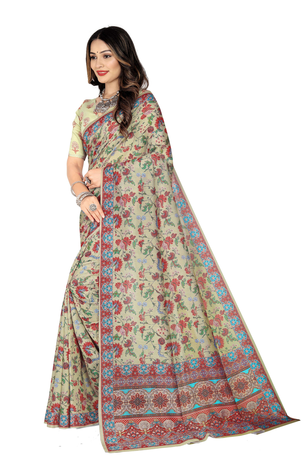 Madhumeena Women Cotton Silk Digital Printed Saree With Unstitched Blouse