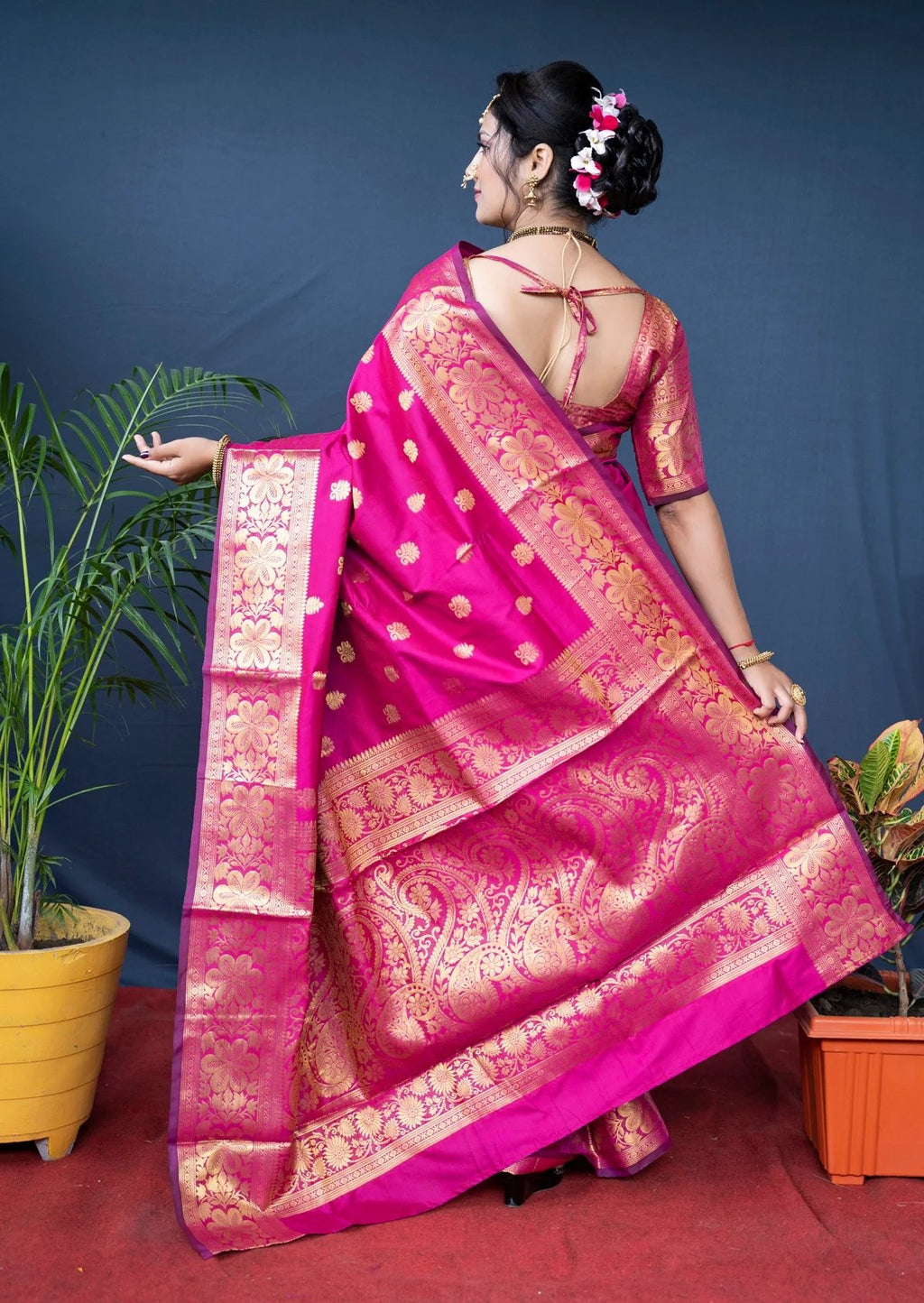 Dark Pink Banarasi Silk Saree With Assemblage Blouse Piece