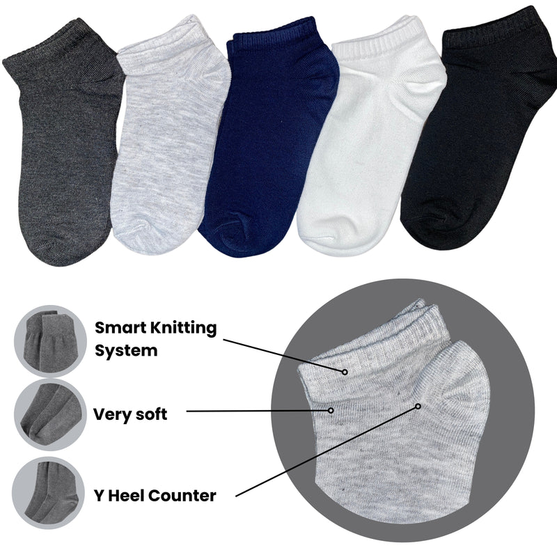 Shubhmaira Unisex Low Cut Socks (Pack of 05 Pairs), Black, White, Dark Grey, Light Grey & Navy Blue