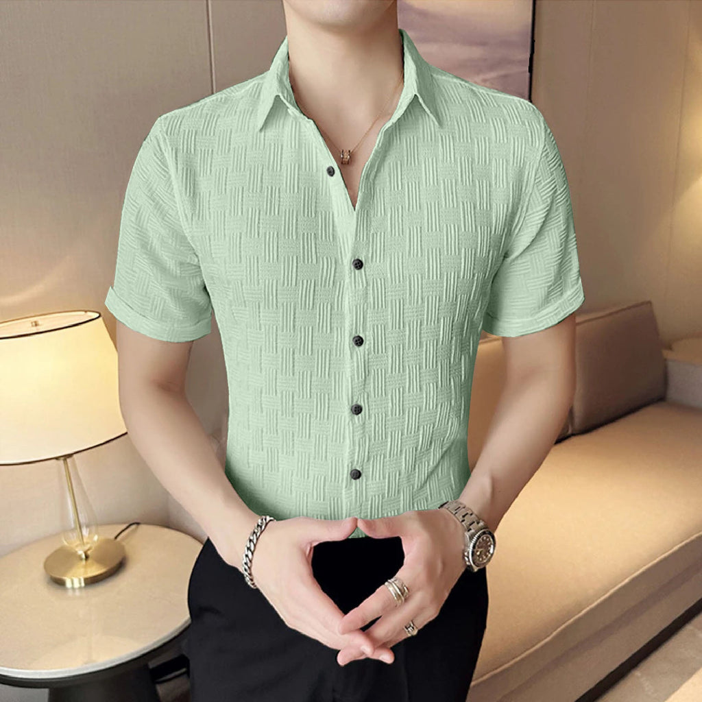 Light Green Textured Regular Fit Shirt with Short Sleeves