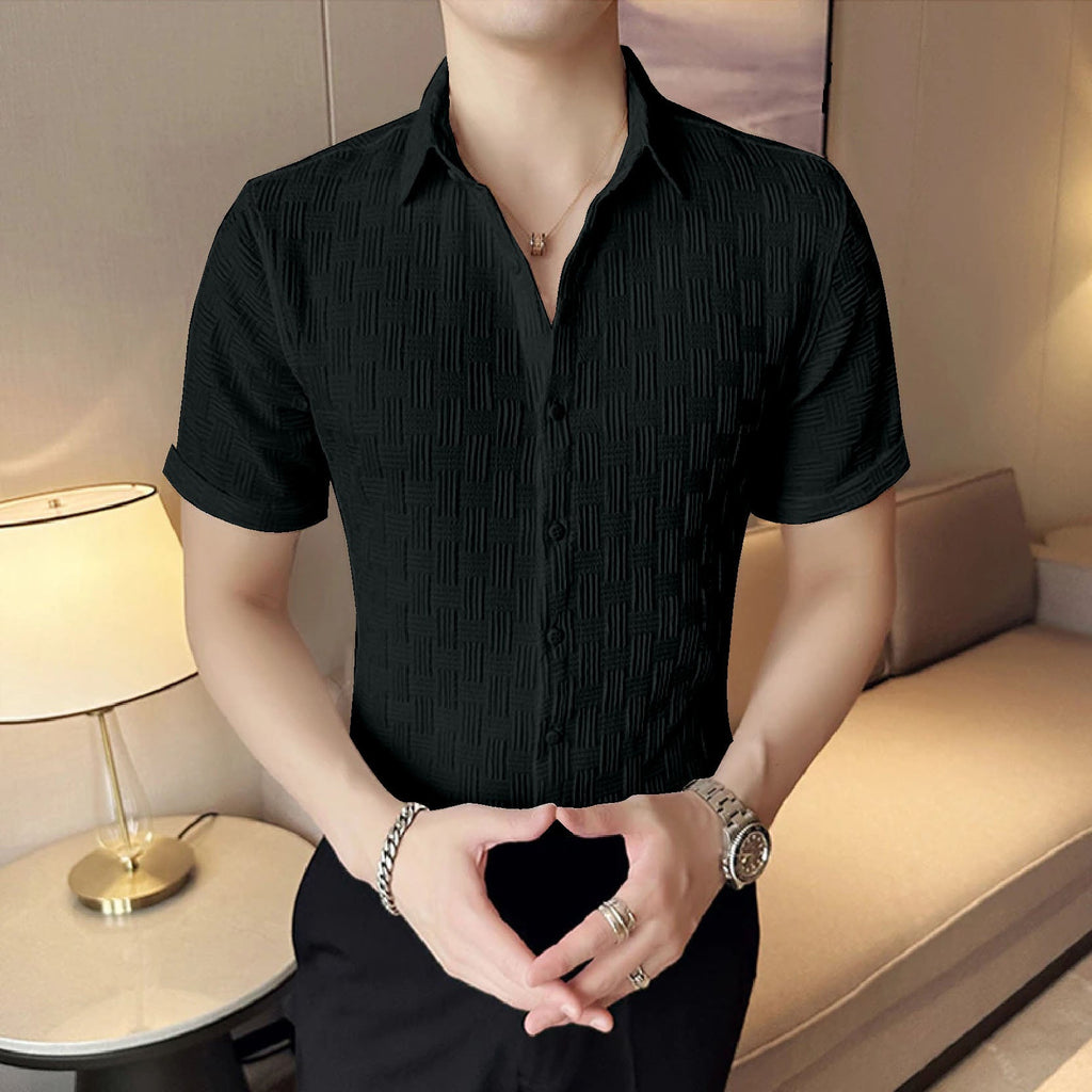 Black Textured Regular Fit Shirt with Short Sleeves