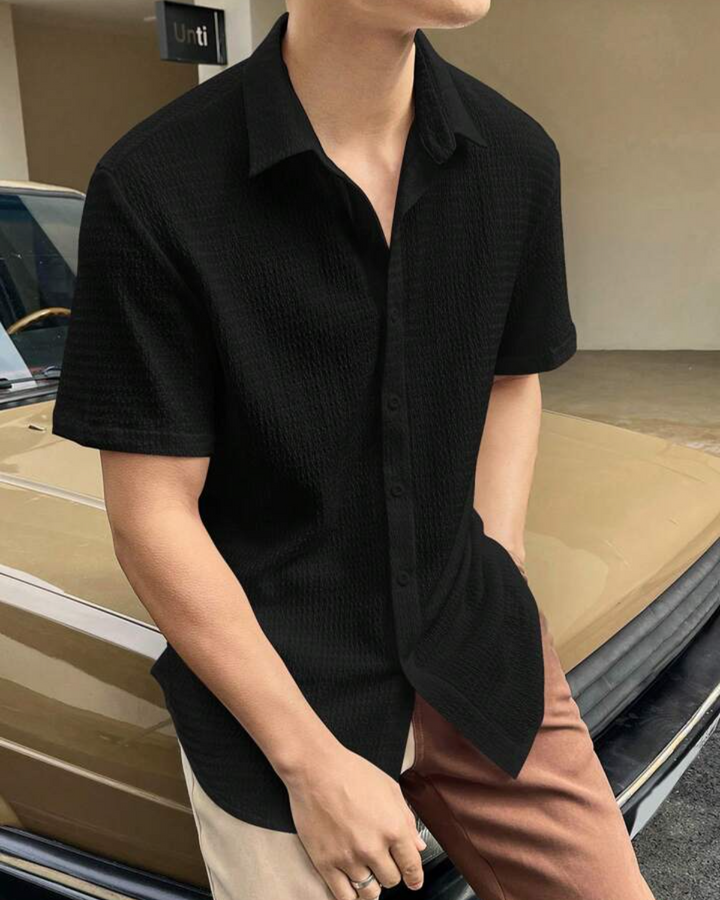 Solid Black Seersucker Half Sleeve Shirt