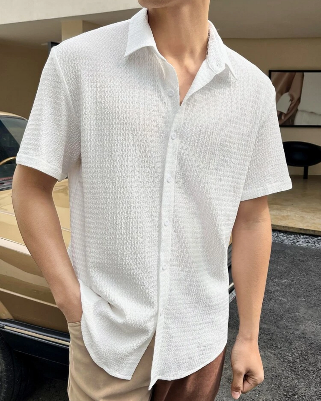 Bright White Seersucker Half Sleeve Shirt