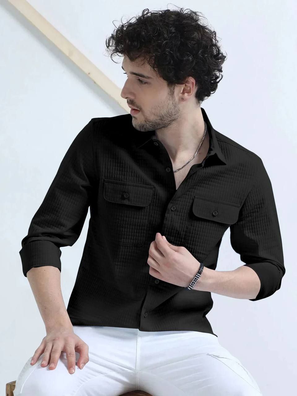 Black  Textured Solid Double Pocket Shirt